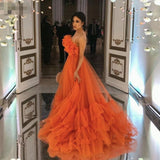 Amfeov Orange Ruffles Tulle Evening Party Dresses Strapless Tiered Plus Size Prom Dresses 2024 A Line Special Occasion Gowns