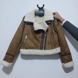 Amfeov  2023 New Fashion Suede Teddy Brown Woman Jacket Vintage Patchwork PU With Zipper Winter Coat Women Female Outwear Tops