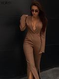 Amfeov Fashion Sexy Low Chest V Neck Long Sleeve Office Lady Solid Slim Straight Female Romper Autumn New Streetwear Jumpsuit