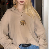 Amfeov Vintage 90S Fashion Indie Aesthetic Sweatshirts Embroidery Turn-Down Collar Women Long Sleeve Hoodies Autumn Winter