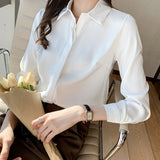 QoerliN Elegant Satin Blouse Autumn Spring Turn-Down Collar Single-Breasted Long Sleeve Female Chiffon Shirt Ladies Blouse Plus