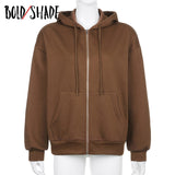 Amfeov Streetwear 90S Style Hoodies Oversize Velvet Indie Zipper Vintage Hooded Top Warm Brown Solid Sweatshirt 2022 Autumn