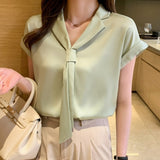 Back To School Amfeov 2022 Summer Short Sleeve Chiffon Shirt Women V-Neck Tie Solid Loose White Blouses And Shirts Korean Plus Size Women Tops 13926
