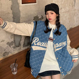 Women's Bomber Jacket Embroidery Printing Patchwork Plaid Baseball Uniform Ladies Fashion Loose Streetwear Tooling Couple Coat