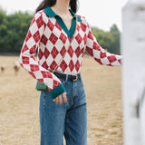 Amfeov-New Vintage Argyle Women's Sweater CHIC POLO Collar Autumn Winter Pullover Sweaters Knitted Christmas Sweaters