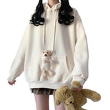 Amfeov 2023 Spring Autumn Women Loose Cute Pocket Bear Toy Hoodie Hooded Sweatshirt College Girls Casual Kawaii Harajuku Pullover Tops
