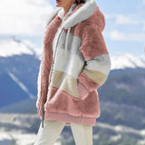 Winter Hooded Jacket Women 5X Plus Size Cotton jacket fashion Plush patchwork zipper pocket loose Long Sleeve Women Top Coat