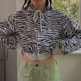 Christmas Gift Deeptown Zebra Print Zip Up Hoodie Women Vintage Stripe Crop Top Korean Style 2021 Autumn Long Sleeve Sweatshirt Y2k Chic Coat