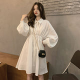 Amfeov Dress Women Korean Elastic Waist Design Vintage Black Simple Summer Womens Vestidos Lantern Sleeve Trendy Preppy Girls Dresses