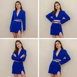 Amfeov  2-Piece Blazer Sets V Neck Cropped Blazer + High Waist Skirt 2024 Autumn Button Notched Lace Up Matching Set