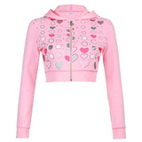 Amfeov Pink Cute New Hoodies Women Colorful Heart Print Kawaii Pullovers Zip Up Long Sleeve 90S Aesthetic Cropped Sweatshirts