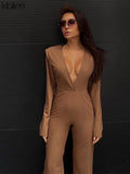 Amfeov Fashion Sexy Low Chest V Neck Long Sleeve Office Lady Solid Slim Straight Female Romper Autumn New Streetwear Jumpsuit