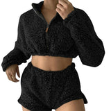 Amfeov 2PCS/Sets Sexy Fluffy Suits Velvet Plush Hooded Sleepwear Shorts+Crop Top Women Tracksuit Casual Sports Set Overalls Sweatshirts