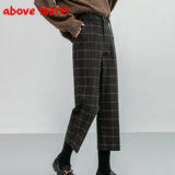 Amfeov Chic Woolen Plaid Autumn Winter Women's High Waist Formal Straight Pants Loose Ankle-Length Pants Female Boots Pants Plus Size