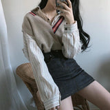 Amfeov Two Pieces Sets Women Striped Shirts Single Breasted And V-Neck Sweater Vest Korean Style Chic Trendy Popular Female Ulzzang Ins