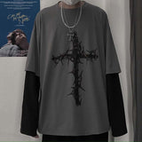 Amfeov Christmas Gift QWEEK Gothic Goth Style Tshirt 2024 Mall Goth Tops Punk Long Sleeve Oversized T-shirt Fake Two-piece Street Fashion Korean Style