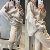 Women Tracksuit Casual Solid Hooded Sport Suits Female Autumn Long Sleeve Hoodie Sweatshirts And Long Pant Fleece Two Piece Set