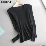 Amfeov basic v-neck solid autumn winter Sweater Pullover Women Female Knitted sweater slim long sleeve badycon sweater cheap