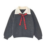 Christmas Gift Female Sweater Christmas Red Bow Sweater Pullover Doll Lapel Sweet Loose Lazy Retro New Year Red Women Sweater Top Autumn Winter