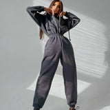 Women Basic Hoodie Jumpsuit Zipper Drawstring Overall High Waist Elasticity Streetwear Tracksuit Rompers Casual One Piece Outfit