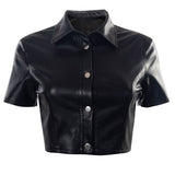 Amfeov  Black PU Leather Button Up Short Sleeve Crop Top T Shirt Women Fashion 2022 Streetwear Vintage Clothes C85-CZ15