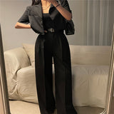 Summer Office Lady Pant Suits Korean Two Piece Set Women Outfits Short Sleeve Crop Top Blazer and High Waist Long Pant 2 Piece