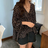 Back To School Amfeov V-Neck Chiffon Shirt Women Sweet Tops Blouse 2022 Spring New Korean Floral Print Long Sleeve Casual Loose Slim Lady Clothes 9307