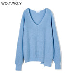 WOTWOY V-neck Knitted Oversized Sweaters Women Autumn Winter Long Sleeve Basic Sweater Women White Casual Loose Pullovers Female