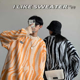 Amfeov Couple sweater 2024 autumn winter stripe flame Korean fashion men sweater Loose thick Black Khaki Japanese pullover sweaters top