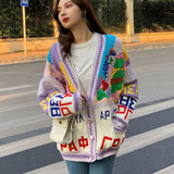 Christmas Gift Vintage Cardigan Women'S Sweater Letter Purple White Patchwork Cartoon Embroidery Oversized V-Neck Pocket Buttons Winter Tops