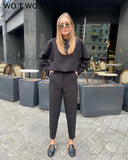 Elegant Knitted Two Piece Set Women Spring Cotton Outfit Office Lady Suit Pants and Tops Female Black White Pullover Sets-0505