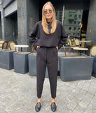 Amfeov Elegant Knitted Two Piece Set Women Spring Cotton Outfit Office Lady Suit Pants and Tops Female Black White Pullover Sets