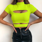 Back to School  2023 Summer Crop Top Women Solid Black Green Tops Hollow Out Women Clothing Women T-Shirt Casual Tee Tops Ladies Shirts