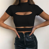 Back to School  2023 Summer Crop Top Women Solid Black Green Tops Hollow Out Women Clothing Women T-Shirt Casual Tee Tops Ladies Shirts