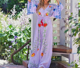 Embroidered Women Maxi Dress V-Neck Batwing Sleeve Loose Oversize Summer Dresses Drawstring Waist Boho Beach Vestidos