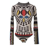 Amfeov Womens Totem Print Bodysuits Long Sleeve Romper Bodysuit Stretch Leotard Tops Slim Trouser Femme New