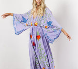 Embroidered Women Maxi Dress V-Neck Batwing Sleeve Loose Oversize Summer Dresses Drawstring Waist Boho Beach Vestidos