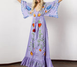 Embroidered Women Maxi Dress V-Neck Batwing Sleeve Loose Oversize Summer Dresses Drawstring Waist Boho Beach Vestidos