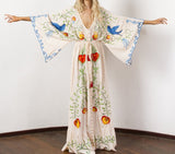 Embroidered Women Maxi Dress V-Neck Batwing Sleeve Loose Oversize Summer Dresses Drawstring Waist Boho Beach Vestidos