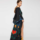 Embroidered Women Maxi Dress V-Neck Batwing Sleeve Loose Oversize Summer Dresses Drawstring Waist Boho Beach Vestidos