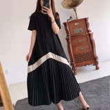Amfeov New Casual Pleated Women Long Dresses Long Sleeve O-Neck High Waist Colorblock Striped Print Loose Dress Spring