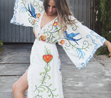 Embroidered Women Maxi Dress V-Neck Batwing Sleeve Loose Oversize Summer Dresses Drawstring Waist Boho Beach Vestidos