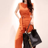 Amfeov Christmas Gift Women Summe Office Lady Jumpsuit Casual Tight Waist Fashion Orange Wide Leg Jumpsuit