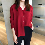 Amfeov Elegant V-Neck Front Button Women Shirts Office Ladies Blouses And Tops Loose Women Blouses Wine Red Blusas Mujer 2024