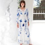 Embroidered Women Maxi Dress V-Neck Batwing Sleeve Loose Oversize Summer Dresses Drawstring Waist Boho Beach Vestidos