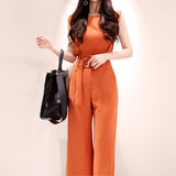 Amfeov Christmas Gift Women Summe Office Lady Jumpsuit Casual Tight Waist Fashion Orange Wide Leg Jumpsuit