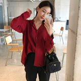 Amfeov Elegant V-Neck Front Button Women Shirts Office Ladies Blouses And Tops Loose Women Blouses Wine Red Blusas Mujer 2024