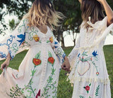 Embroidered Women Maxi Dress V-Neck Batwing Sleeve Loose Oversize Summer Dresses Drawstring Waist Boho Beach Vestidos