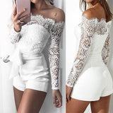 Amfeov 2022 Summer New White Lace Jumpsuit Bodysuits Women Sexy Ladies Elegant Playsuit Off Shoulder Overalls Long Sleeve Femme Romper