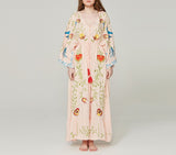 Embroidered Women Maxi Dress V-Neck Batwing Sleeve Loose Oversize Summer Dresses Drawstring Waist Boho Beach Vestidos